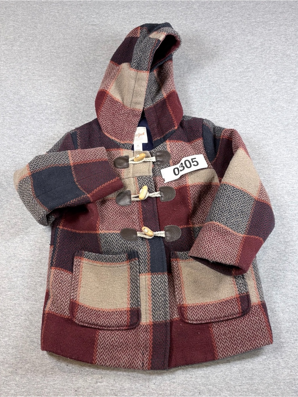 Cat & Jack Size 4T Checkered Plaid Wool Blend Hooded Duffle Coat - Picture 7 of 7